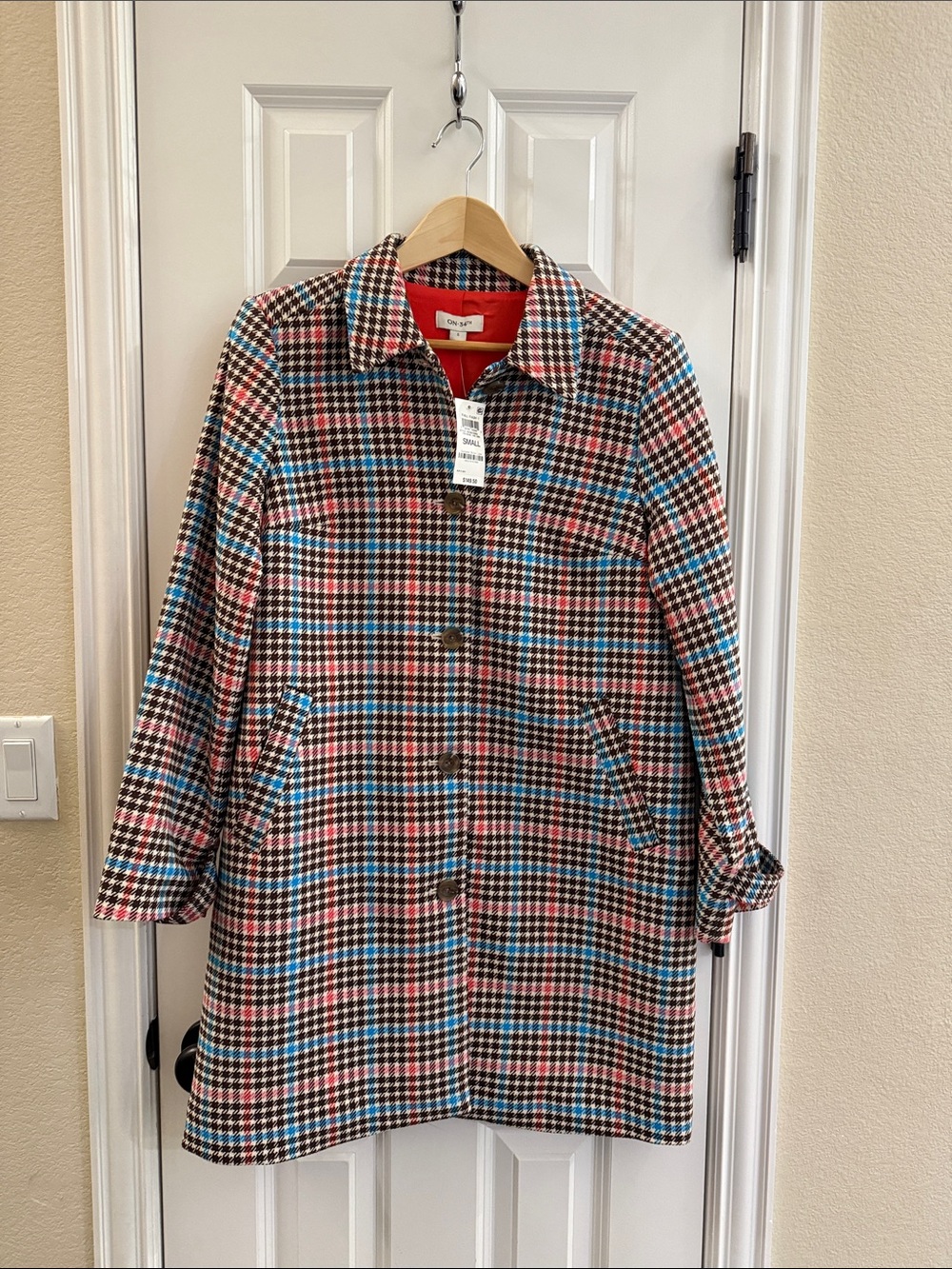 Multi-Color Checked Peacoat with Pink & Blue Accents plus size small